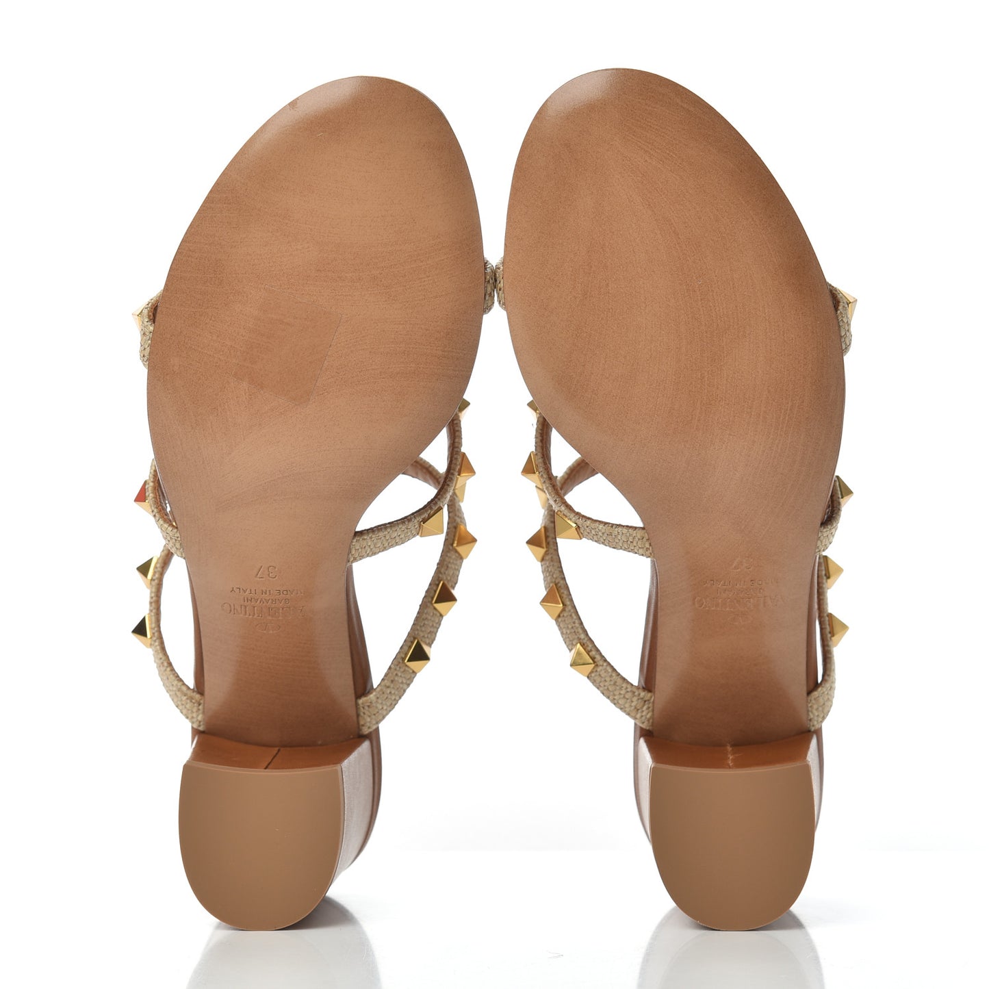 Raffia Calfskin Rockstud 60mm Caged Slide Sandals 37 Naturale