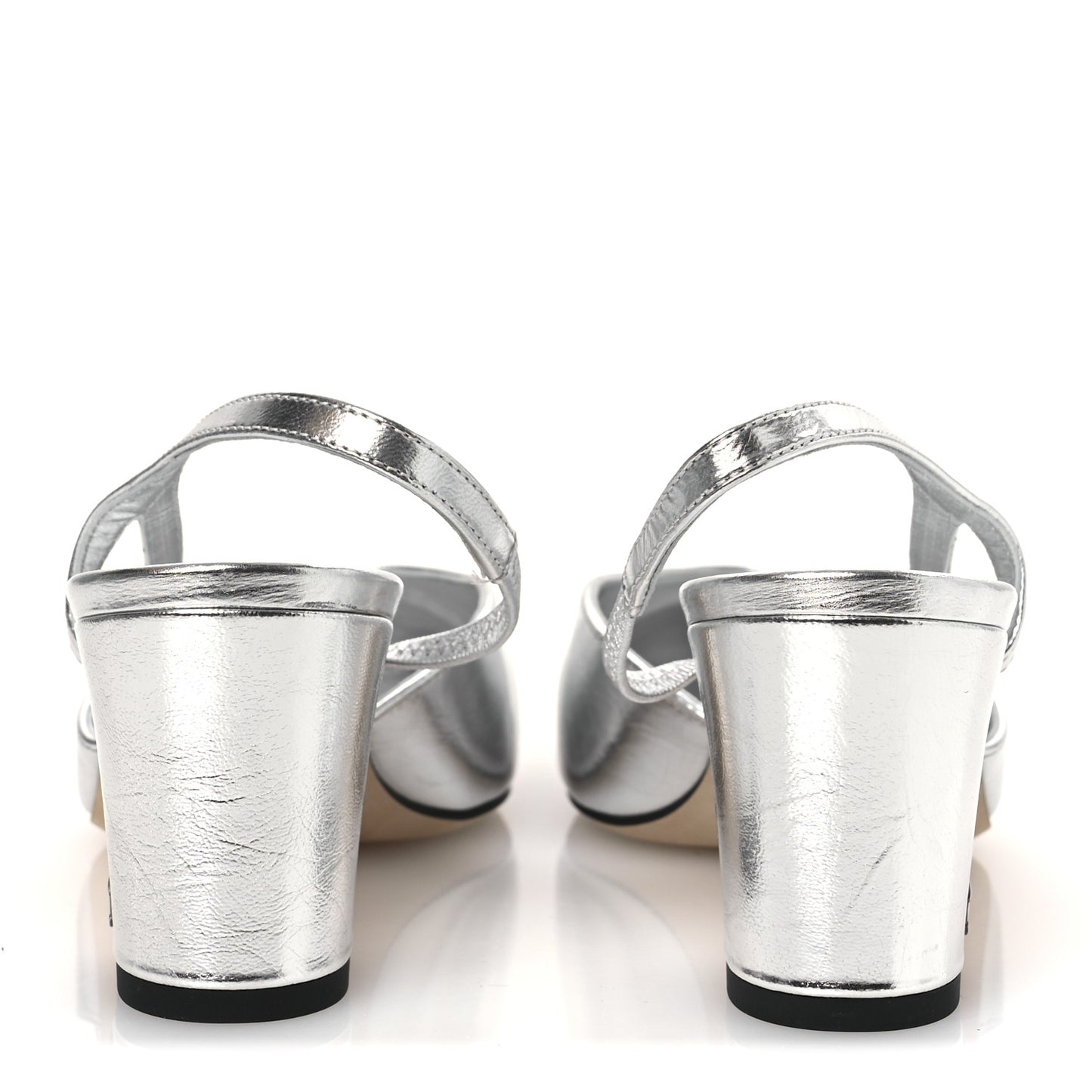 Laminated Crumpled Lambskin Grosgrain Cap Toe CC Slingback Pumps 37.5 Silver Black