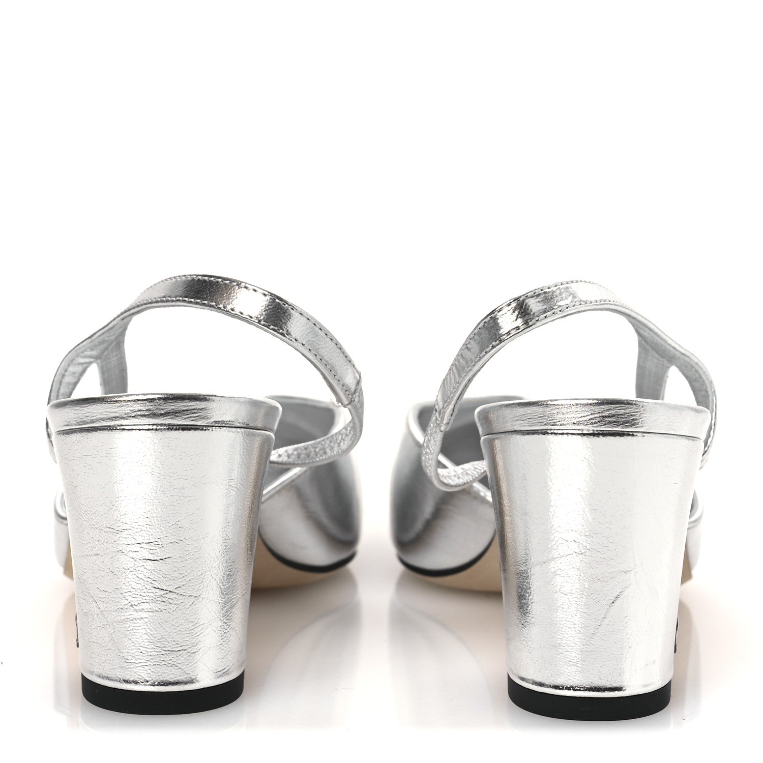 Chanel Laminated Crumpled Lambskin Grosgrain Cap Toe CC Slingback Pumps 37.5 Silver Black 6 of 12