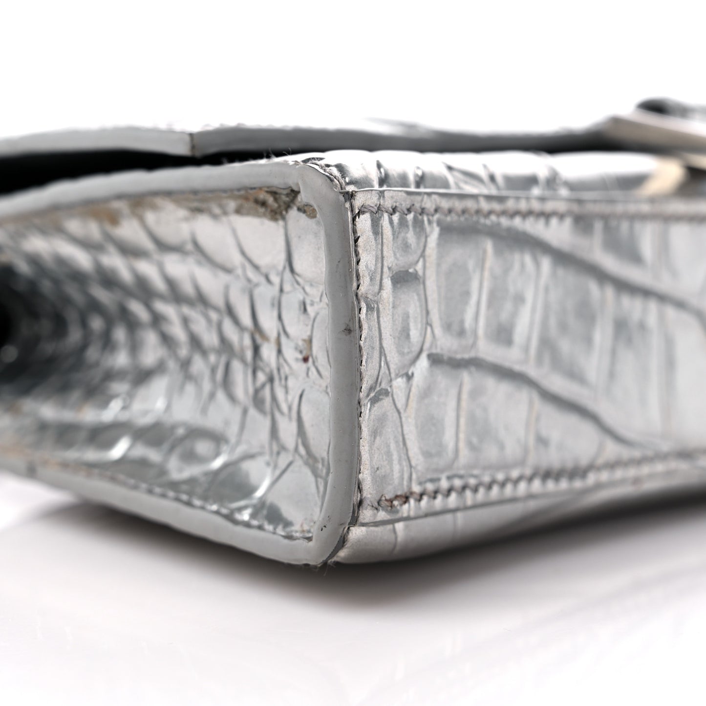 Metallic Calfskin Crocodile Embossed Hourglass Chain Bag Silver