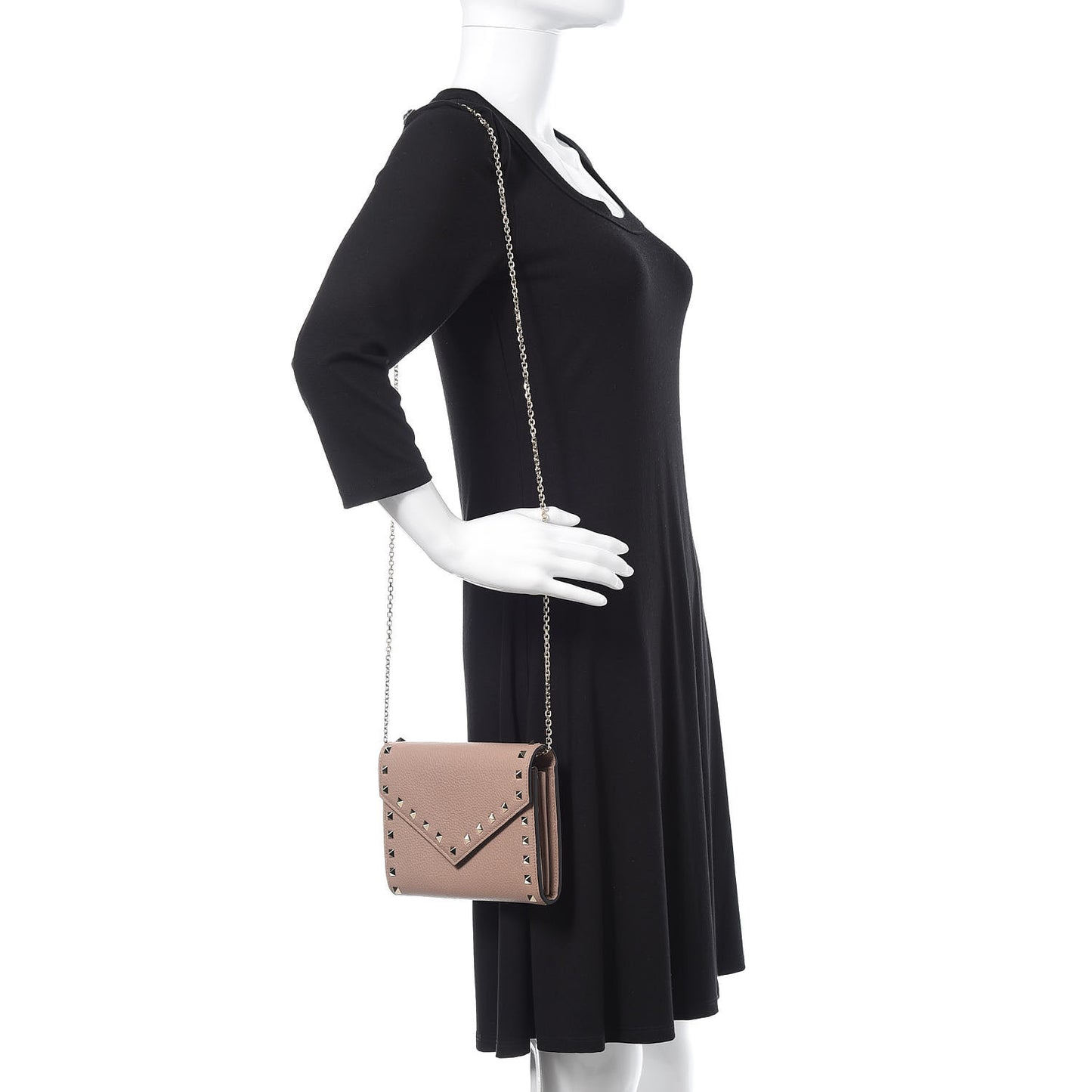 Pebbled Calfskin Rockstud Envelope Wallet on Chain Poudre