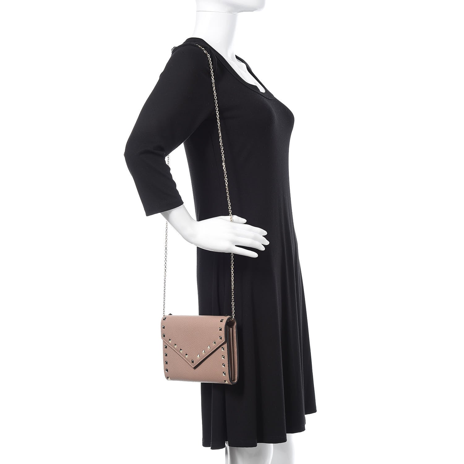 Valentino Garavani Pebbled Calfskin Rockstud Envelope Wallet on Chain Poudre 2 of 11