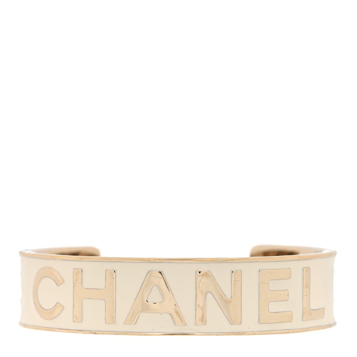 Metal Enamel Chanel Logo Cuff Bracelet S White