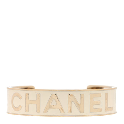 Chanel Metal Enamel Chanel Logo Cuff Bracelet S White 1 of 4