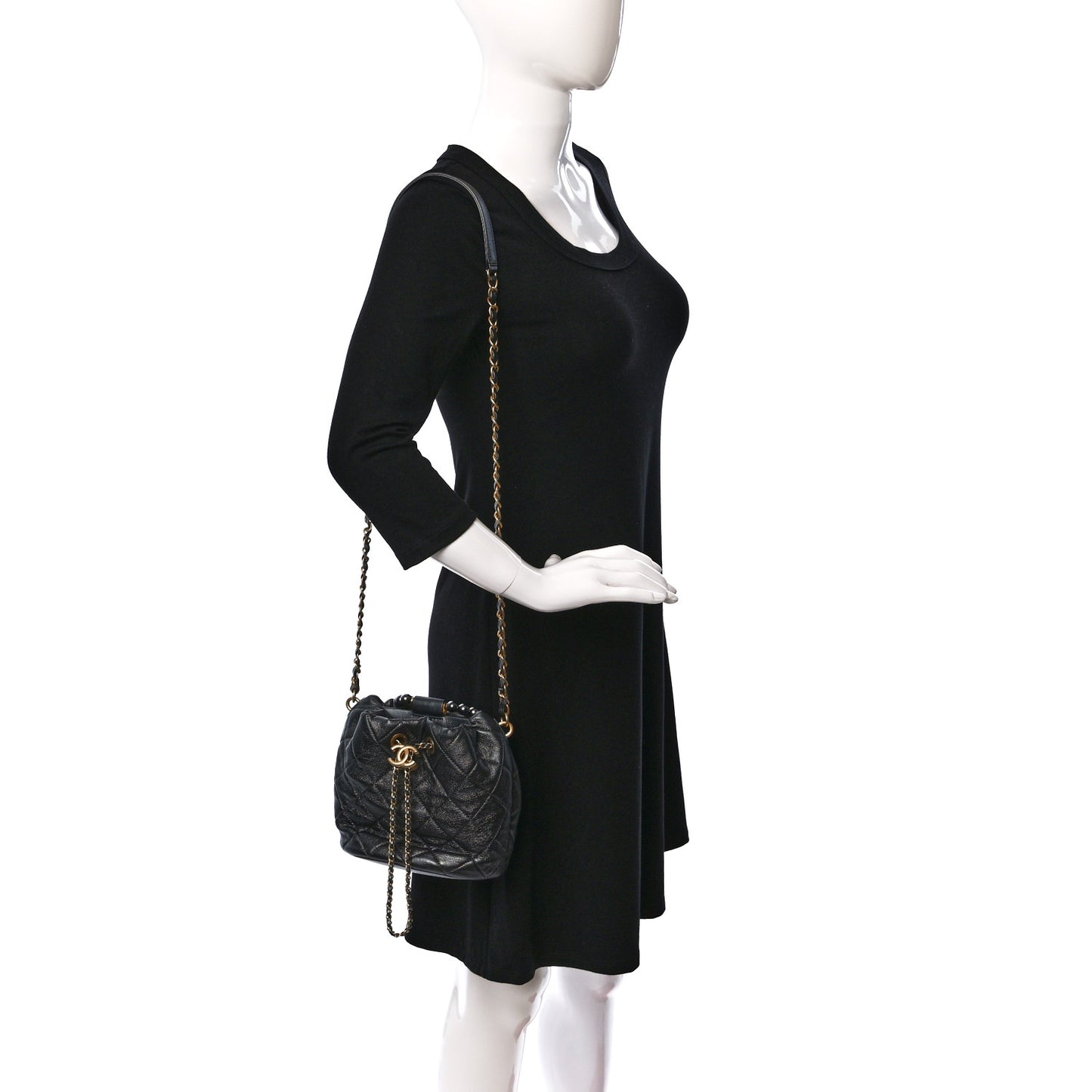 Metallic Lambskin Quilted Pearl Crown Drawstring Bag Anthracite