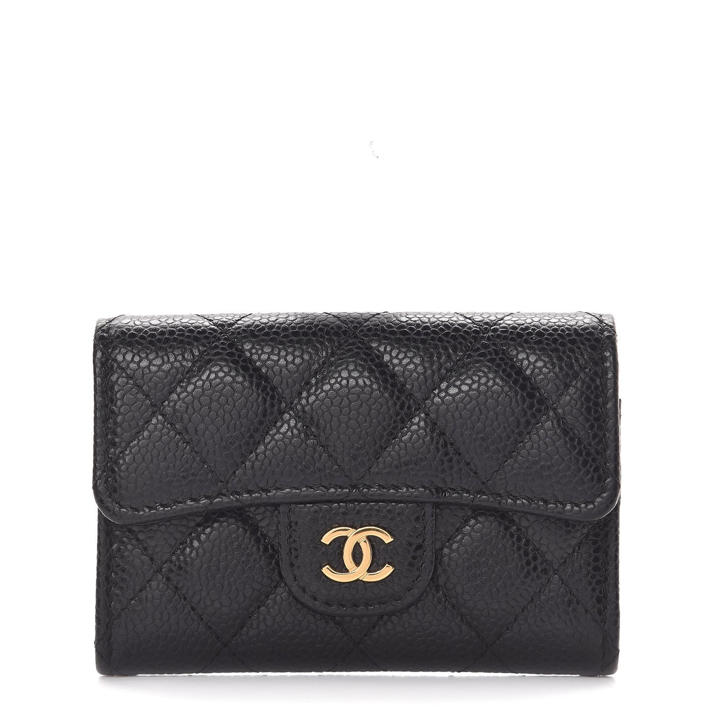 Caviar Quilted Flap Card Holder Wallet Black