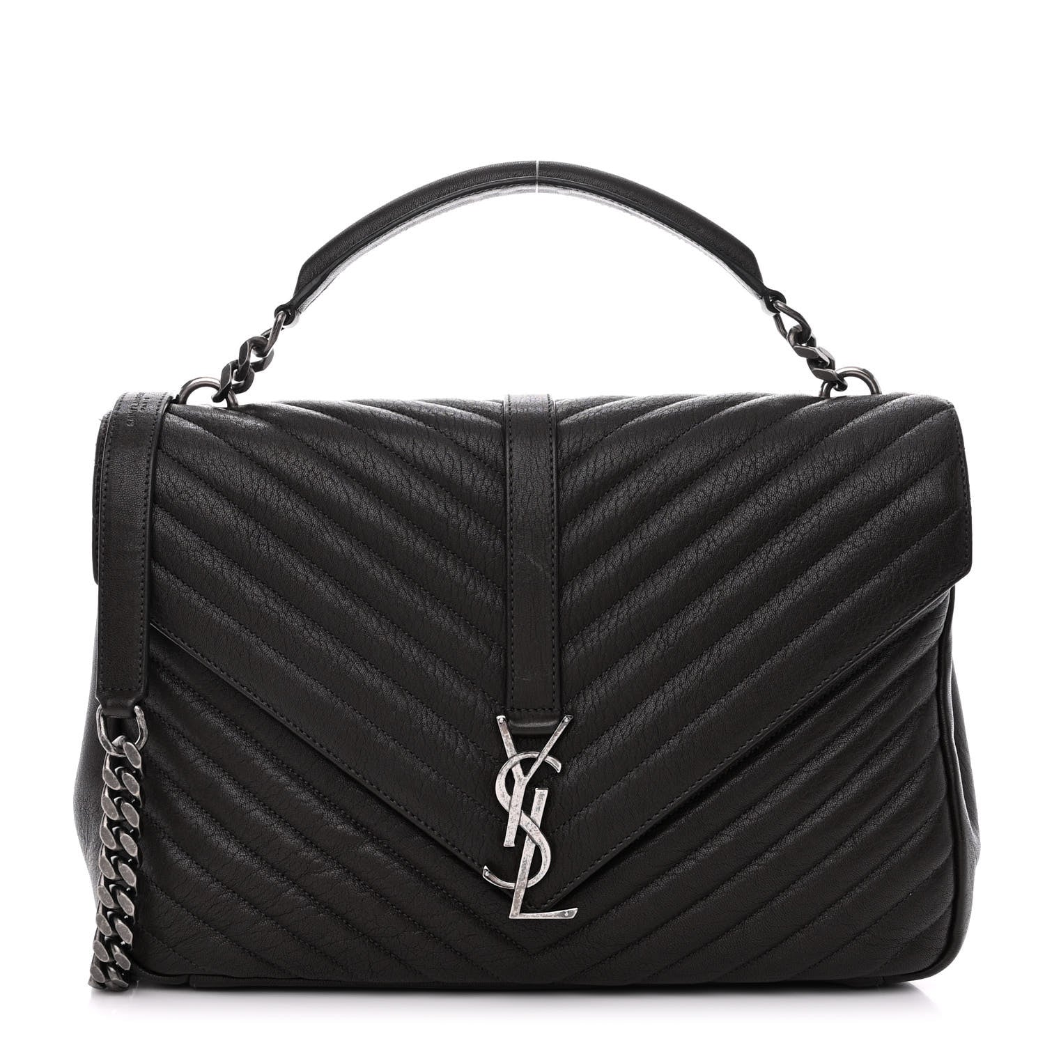 Saint Laurent Sheepskin Matelasse Chevron Monogram Large College Satchel Black Tulip 1 of 12