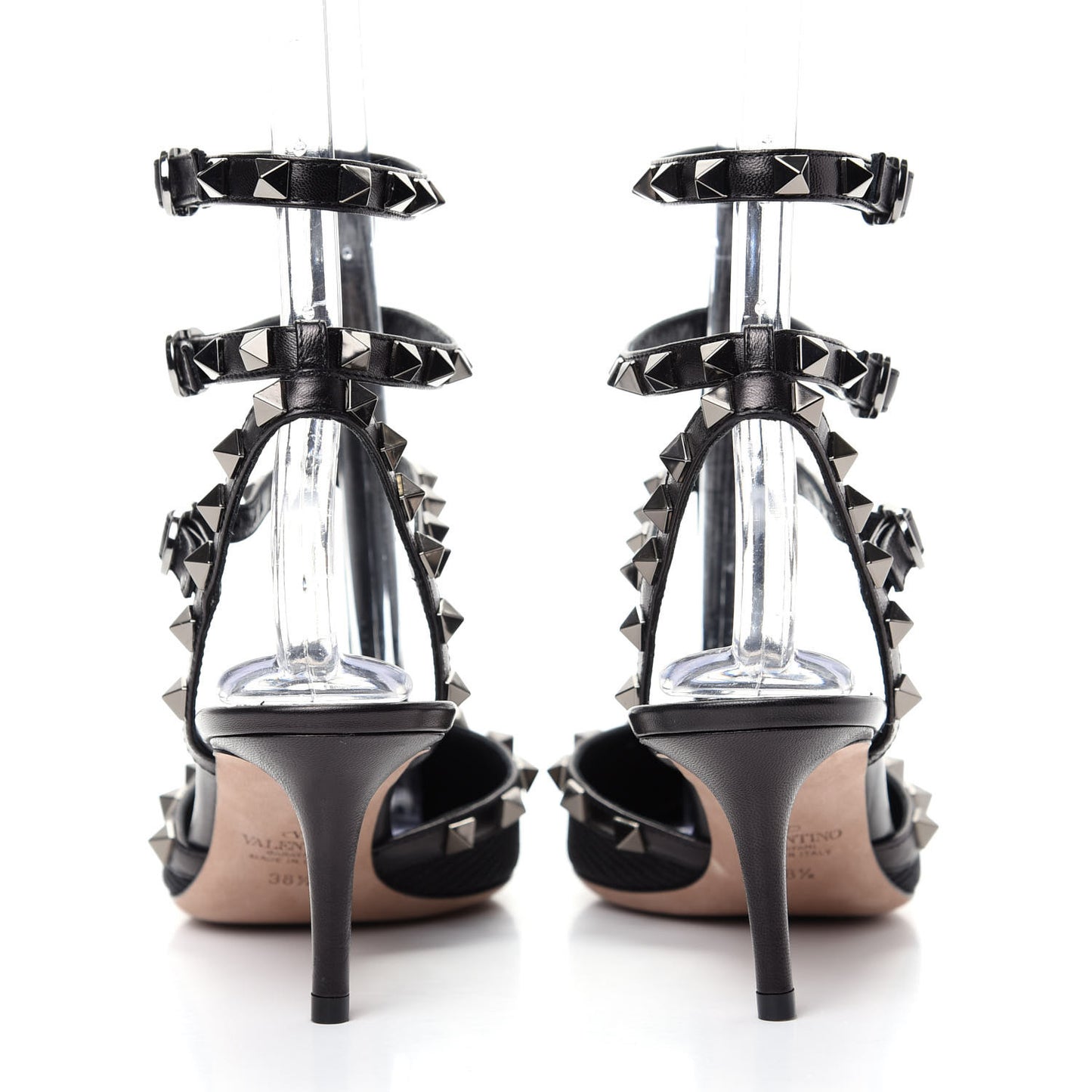 Ottoman Fabric Rockstud Ankle Strap Low Heel Pumps 38.5 Black