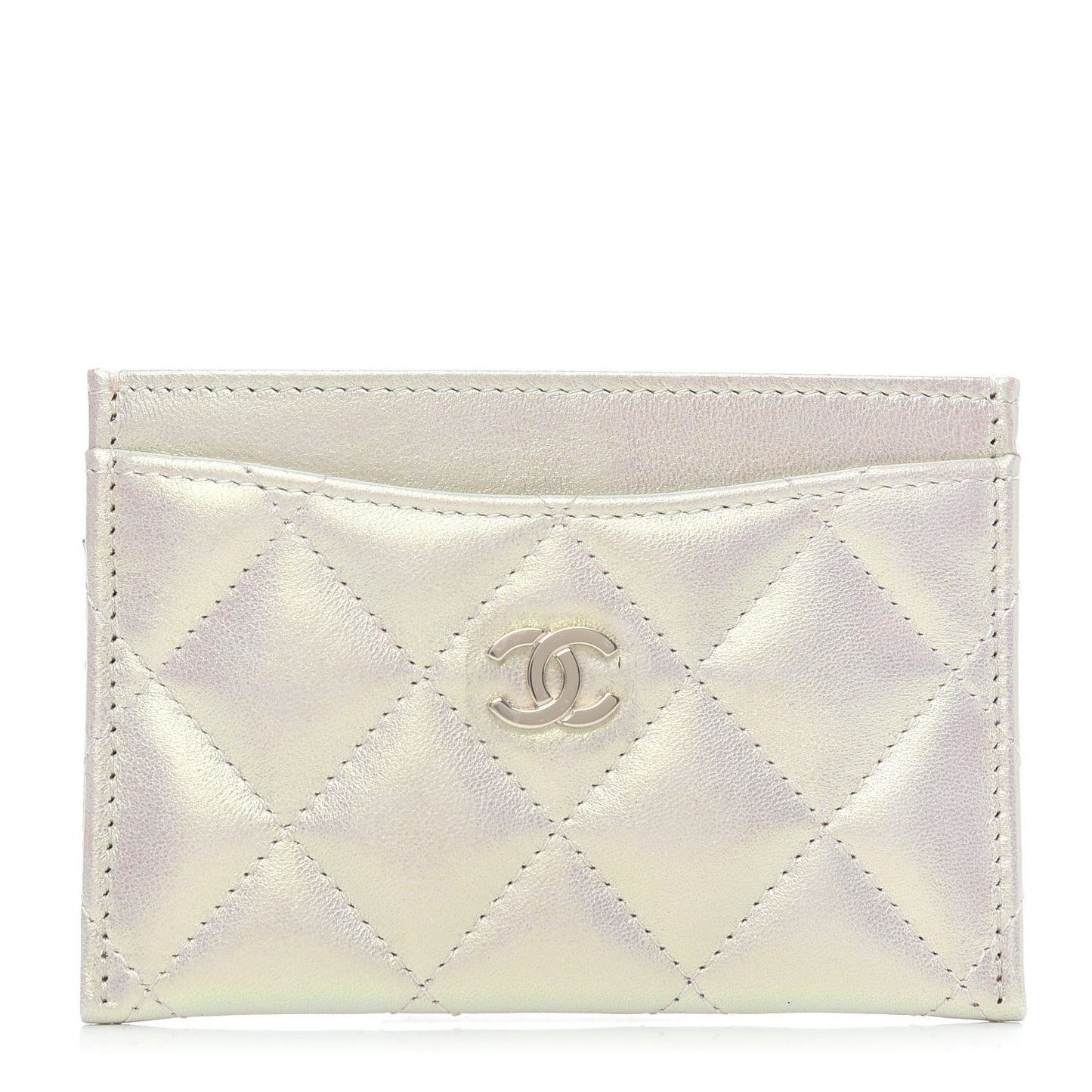Iridescent Lambskin Quilted Card Holder Ivory