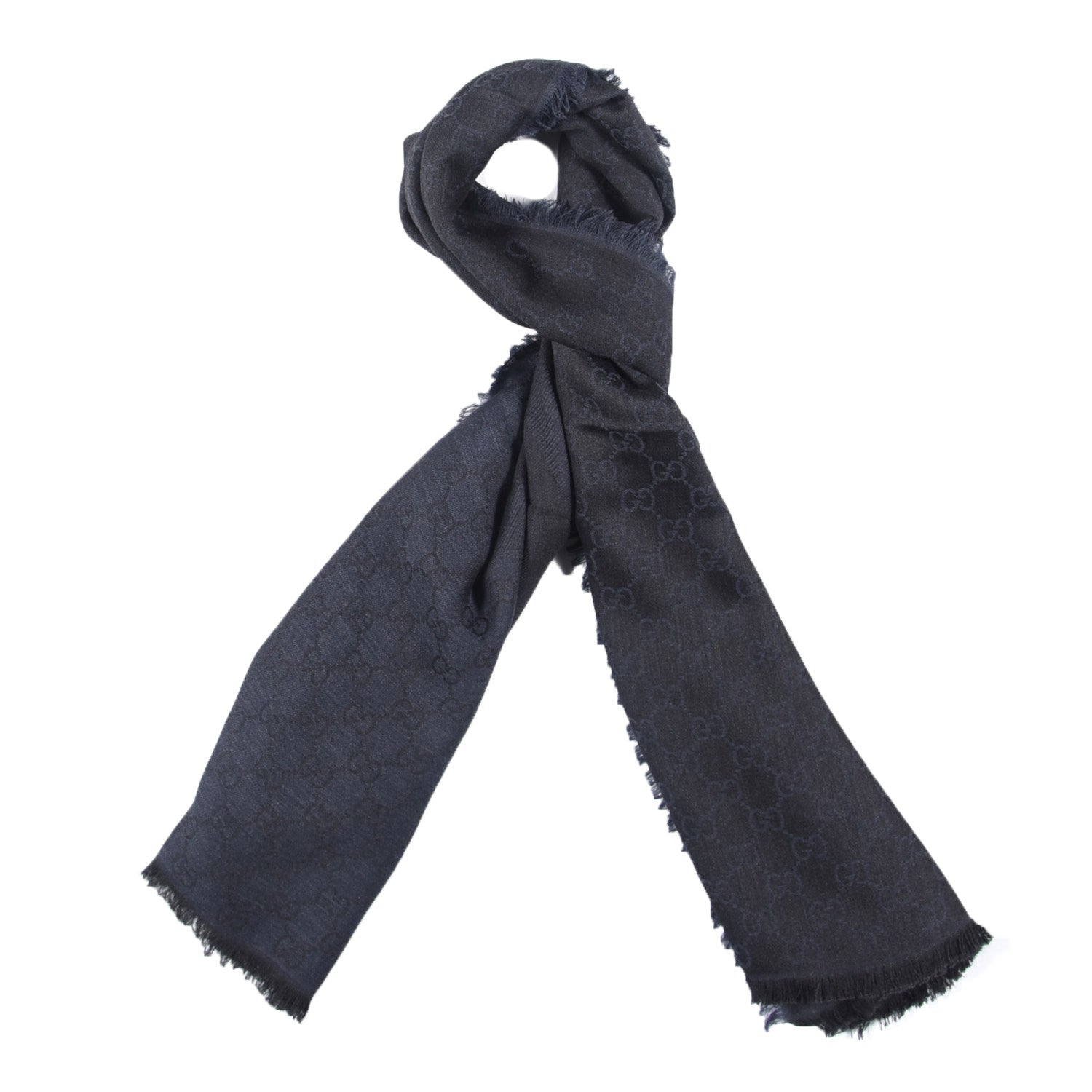 Gucci Wool Silk Monogram Fringe Shawl Dark Grey 1 of 4