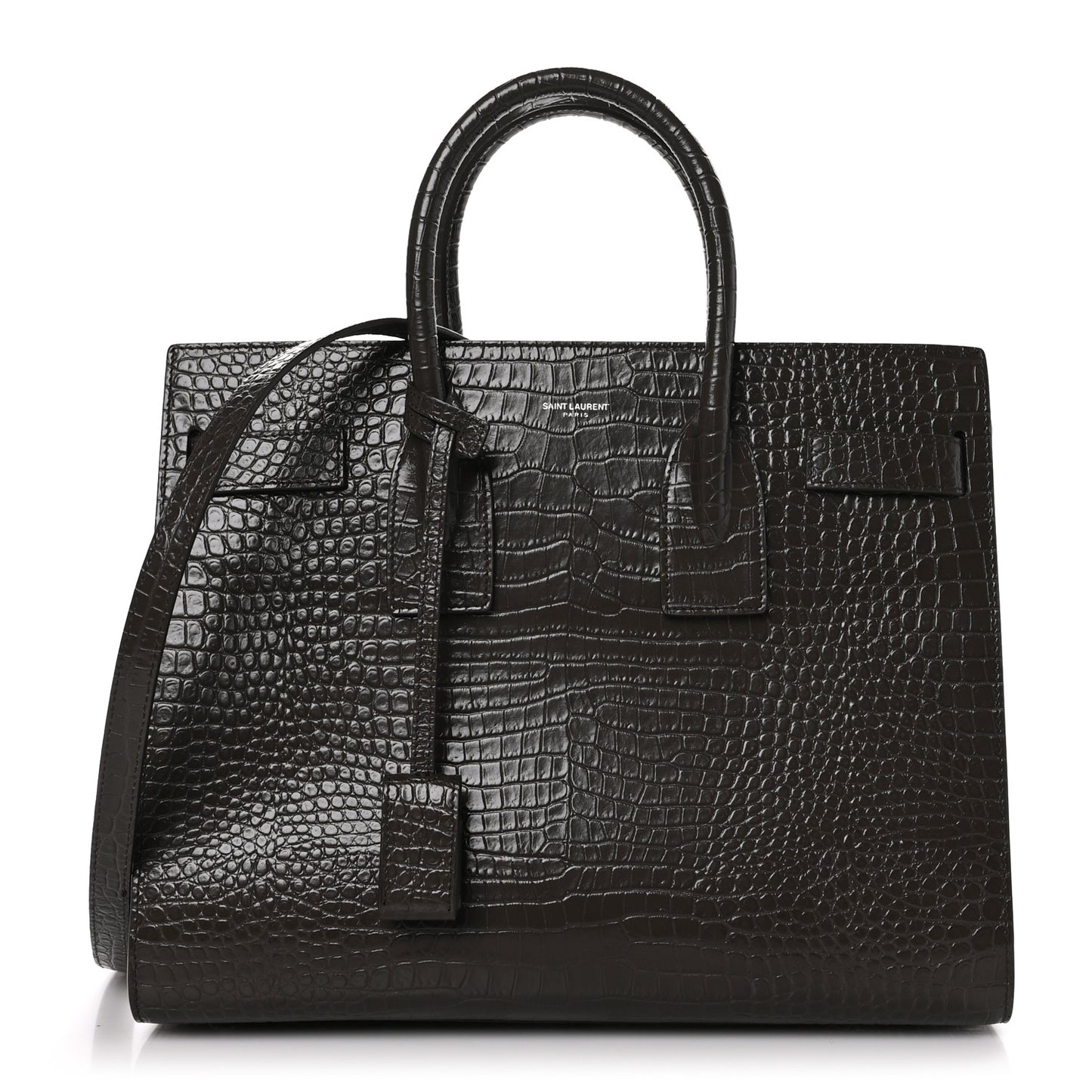 SAINT LAURENT Calfskin Crocodile Embossed Small Sac De Jour Brown