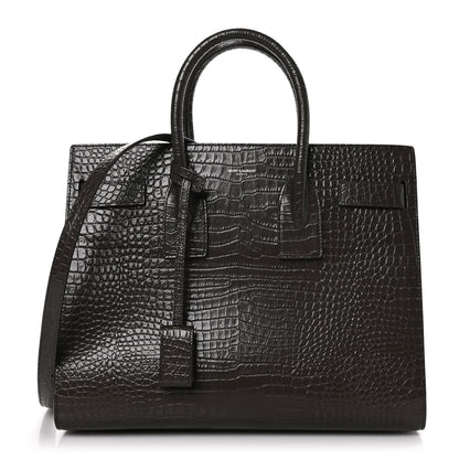 Saint Laurent SAINT LAURENT Calfskin Crocodile Embossed Small Sac De Jour Brown 1 of 9