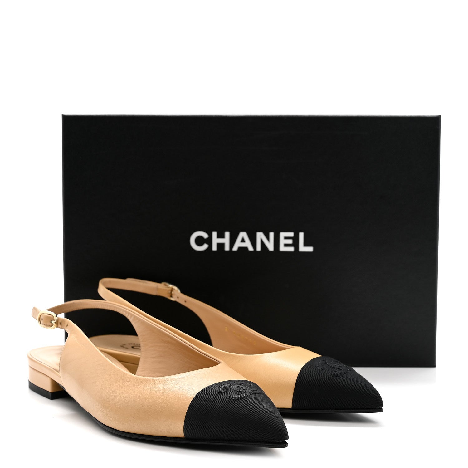 Chanel Goatskin Grosgrain Pointed Toe CC Slingback Flats 37 Beige Black 9 of 9