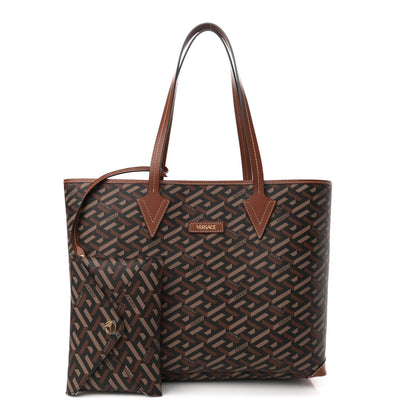 Versace Coated Canvas Calfskin La Greca Signature Shopper Tote Bag Black Caramel 1 of 10