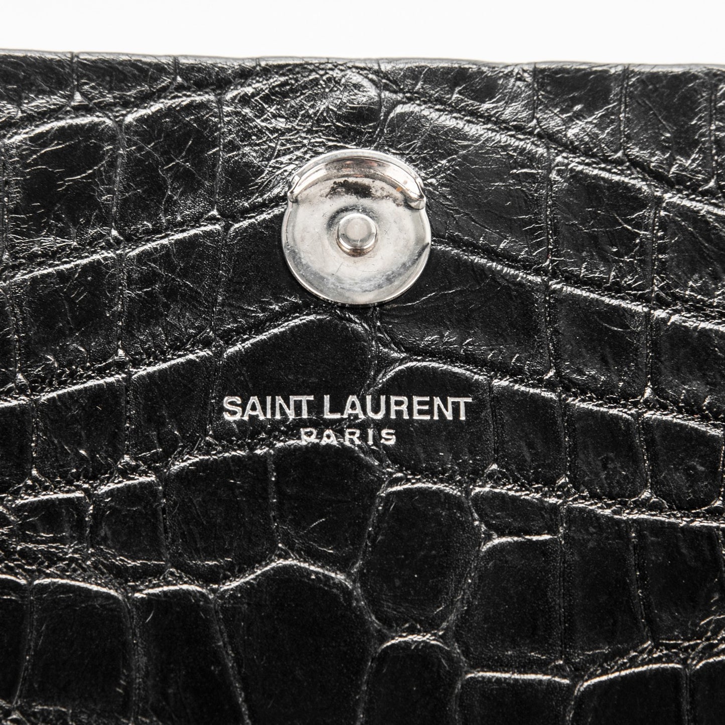 Calfskin Crocodile Embossed Medium Classic Monogram Kate Tassel Satchel Black
