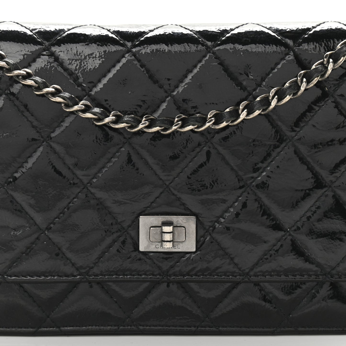 Distressed Patent Calfskin Quilted Reissue Wallet On Chain WOC Black