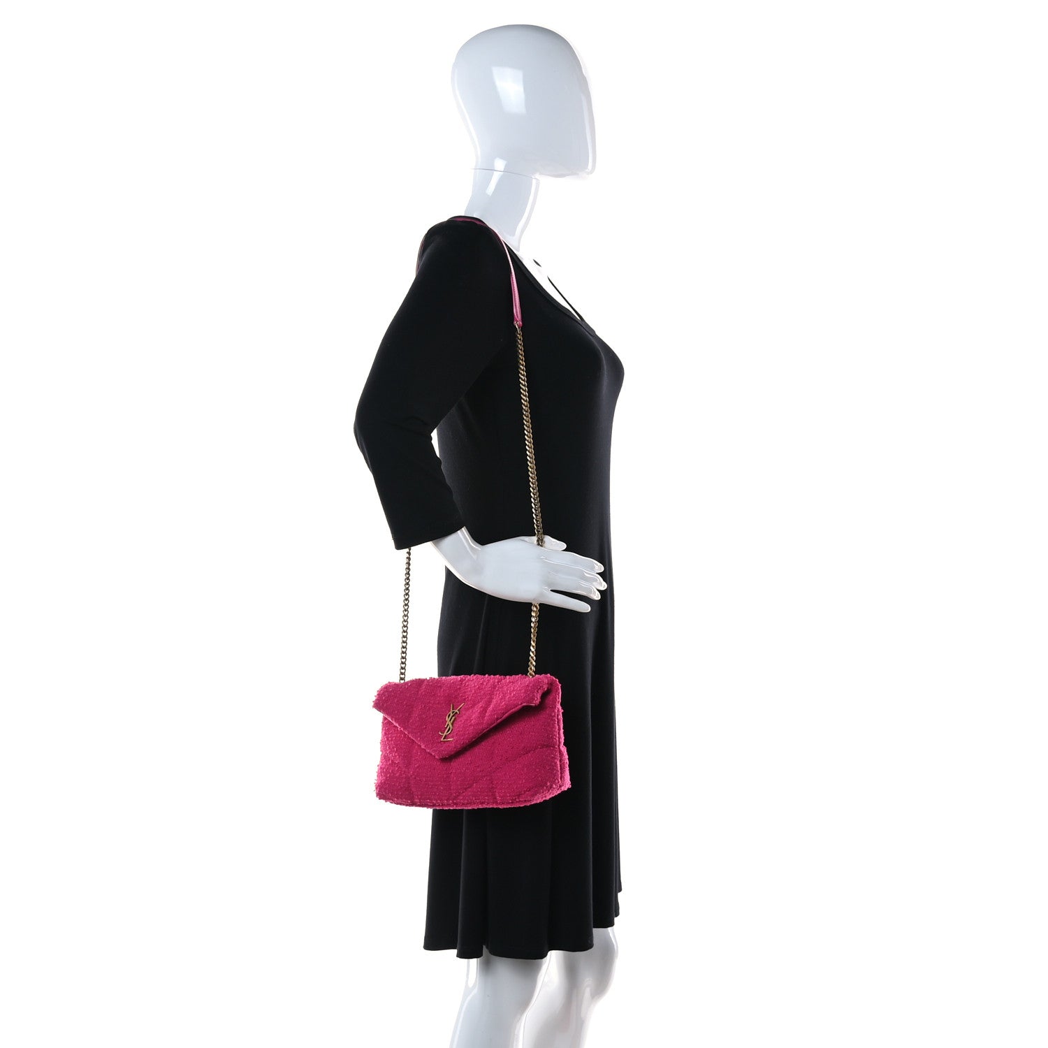 Saint Laurent Boucle Tweed Quilted Toy Loulou Puffer Monogram Chain Satchel Magenta 2 of 10