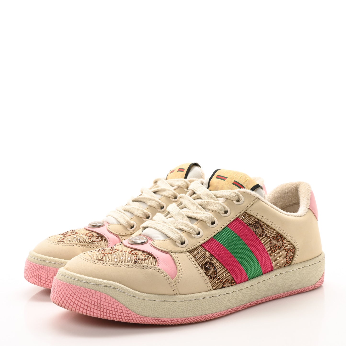 Calfskin GG Supreme Crystals Web Screener Sneakers  36 Camel Ebony Wild Rose