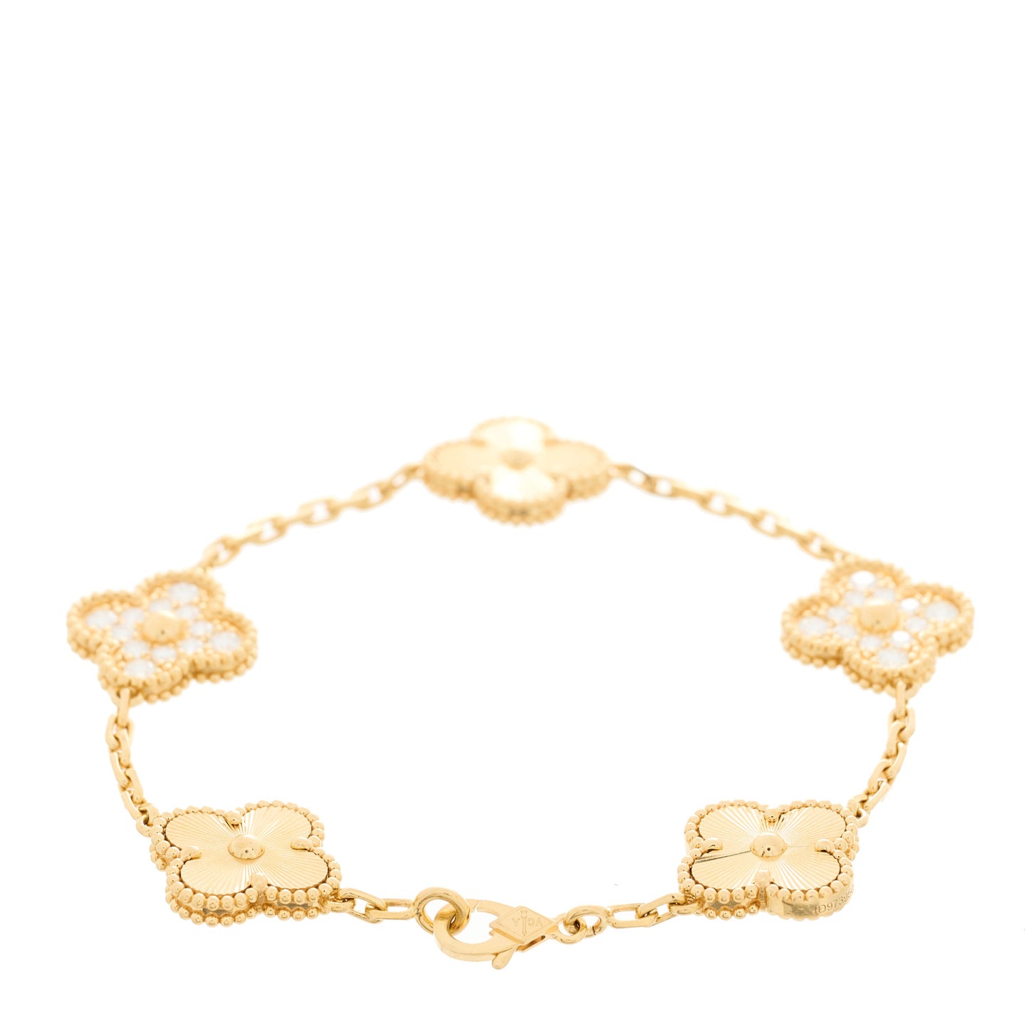 18K Yellow Gold Diamond 5 Motifs Guilloche Vintage Alhambra Bracelet