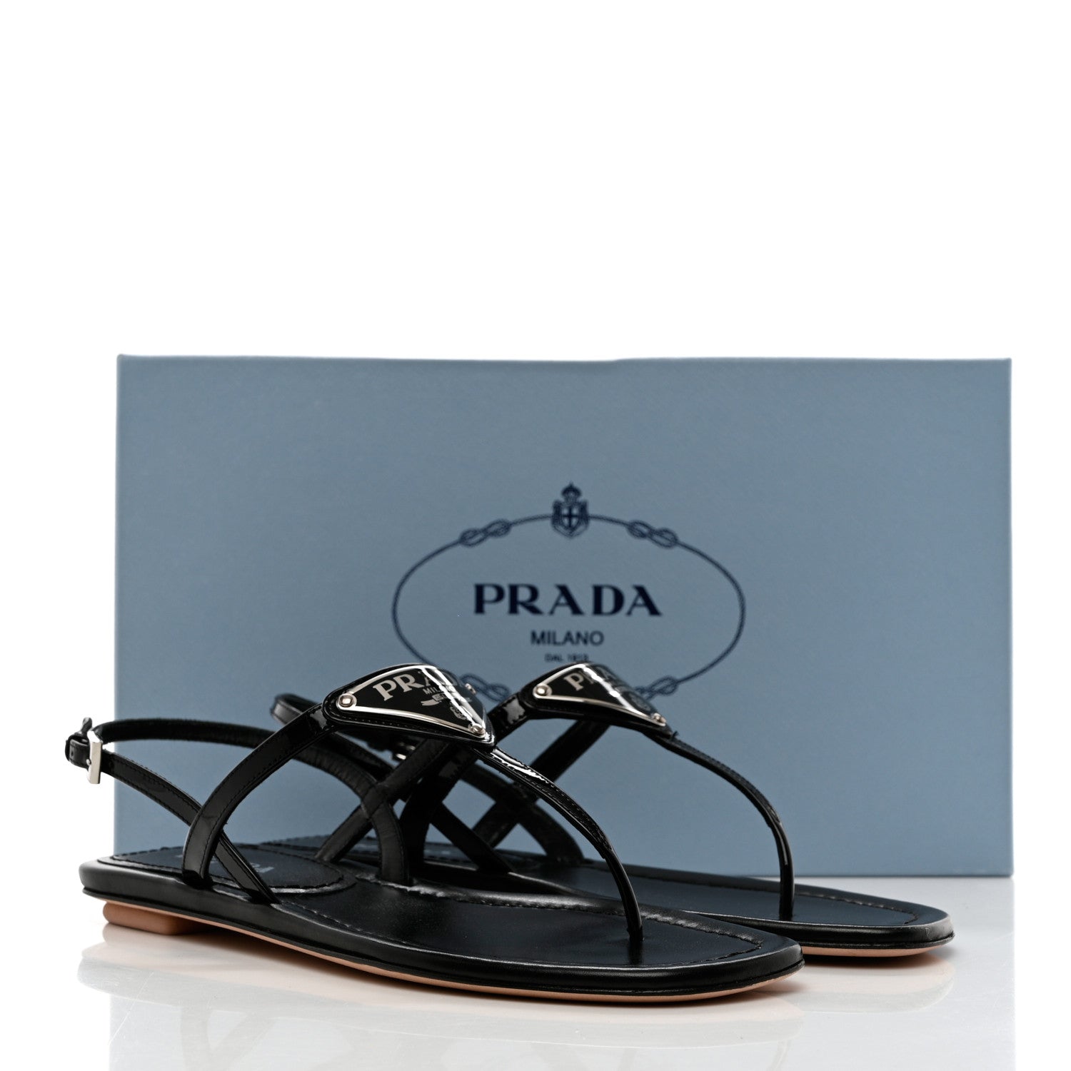 Prada Vernice Metal Triangle Logo Slingback Flat Thong Sandals 36 Black 9 of 9