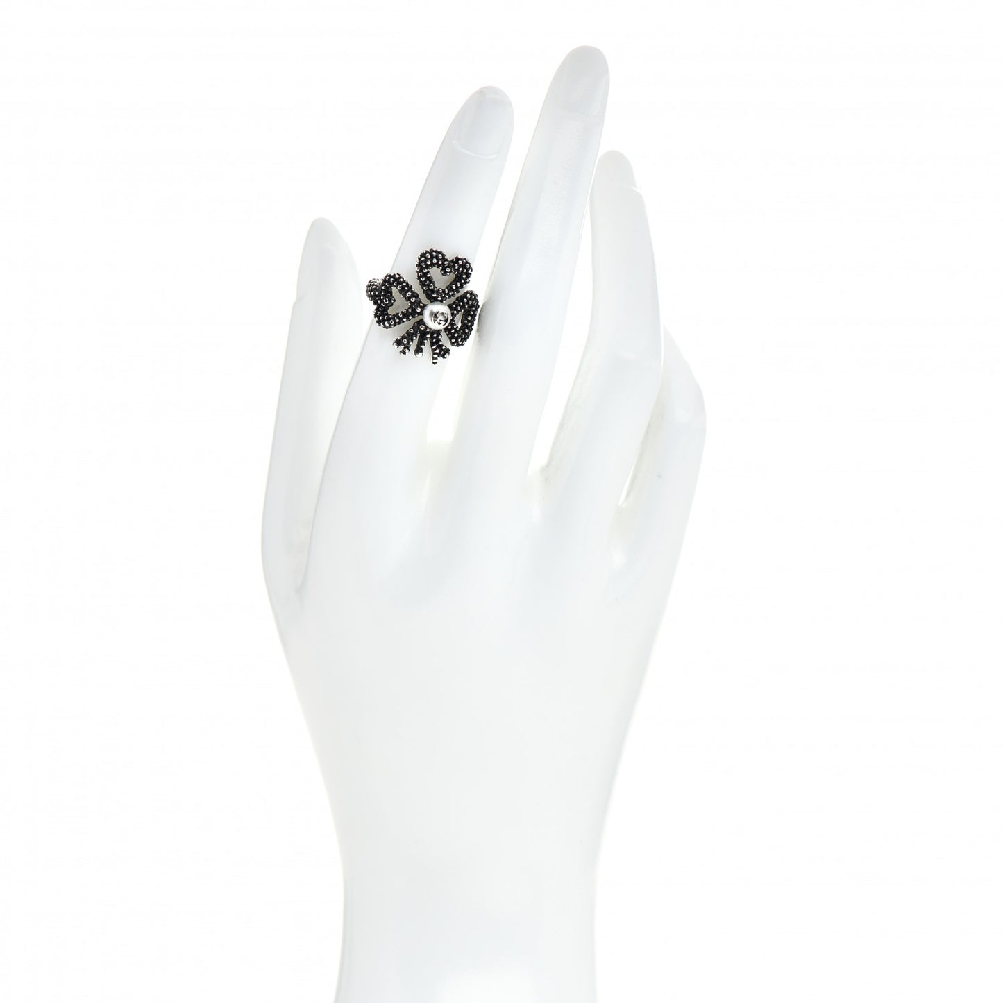 Sterling Silver Glass Pearl Heart Ribbon Ring 50 5.5