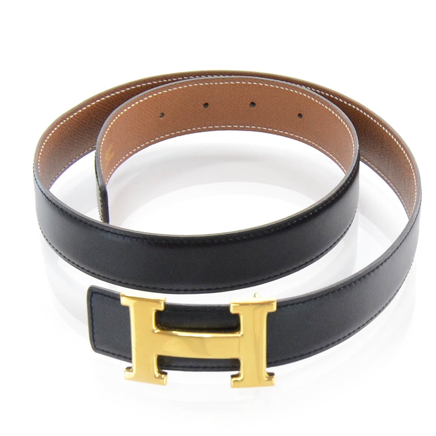 Box Courchevel Reversible Belt Strap Black Gold 80
