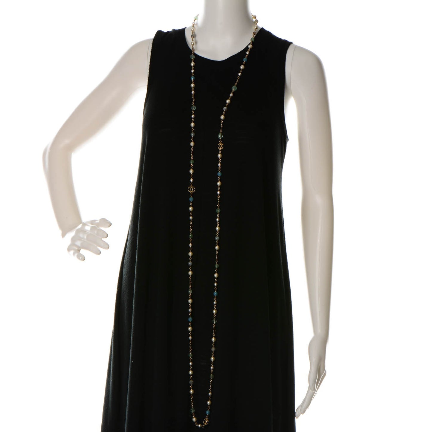 Pearl Beaded CC Long Necklace Blue Green Gold