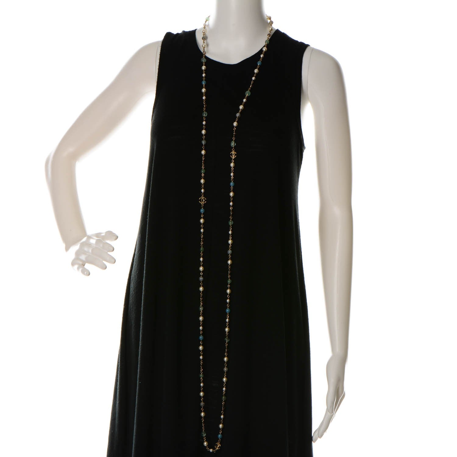 Chanel Pearl Beaded CC Long Necklace Blue Green Gold 2 of 4