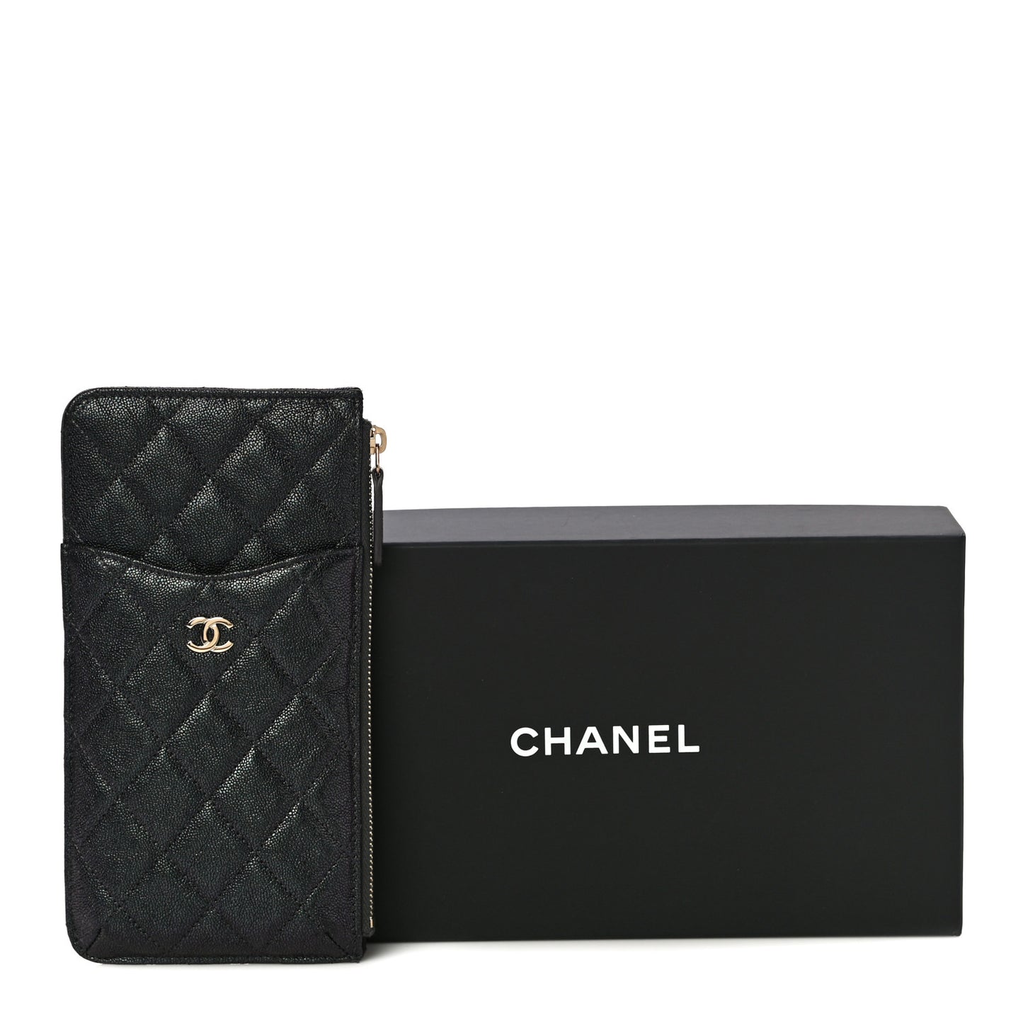 Iridescent Caviar Quilted Classic Flat Wallet Pouch Black