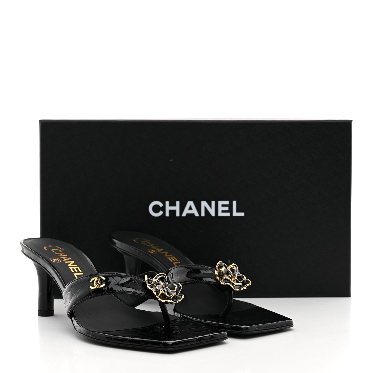 Chanel Crocodile Embossed Patent Calfskin Thong Sandals 37 Black 10 of 10