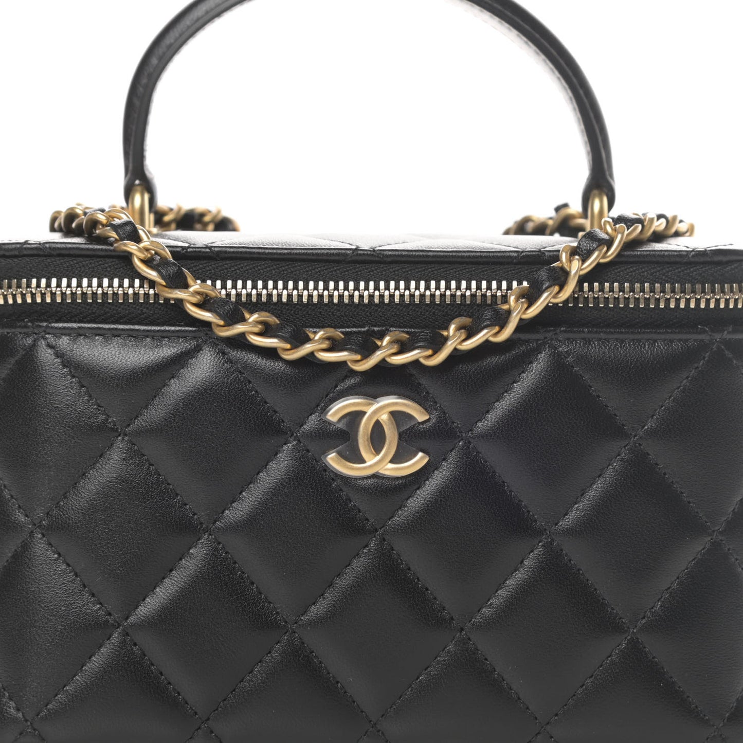 Lambskin Quilted Small Top Handle Vanity Case With Chain Black