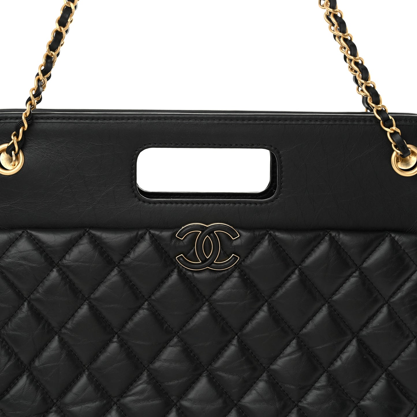 Aged Calfskin Quilted Graphic Catch Shopping Bag Black