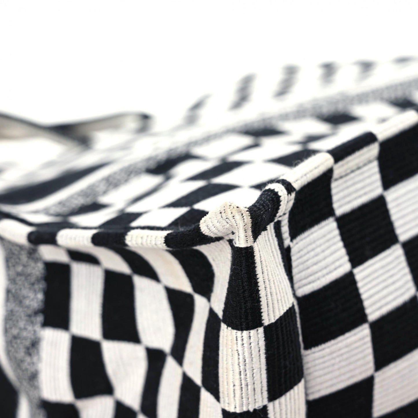 Canvas Embroidered Checkered Book Tote Black White