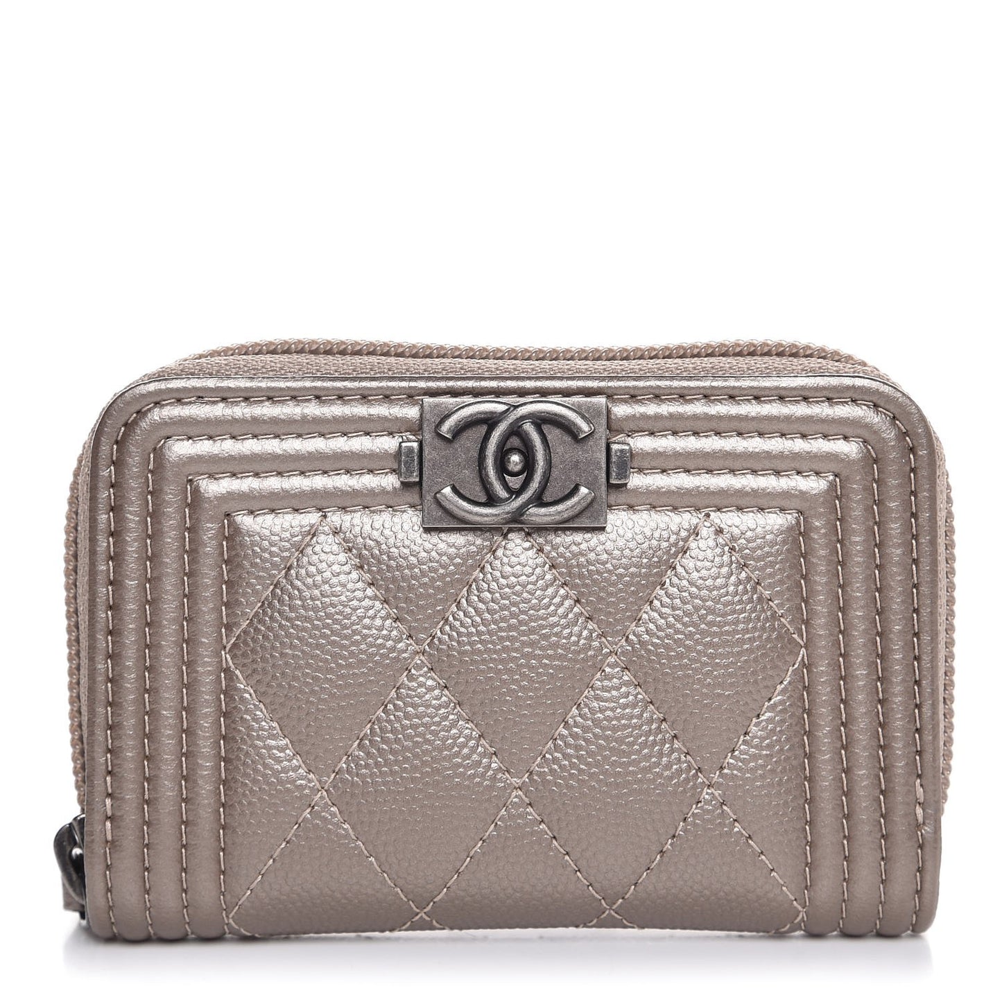 Metallic Caviar Quilted Boy Zip Around Coin Purse Wallet Copper