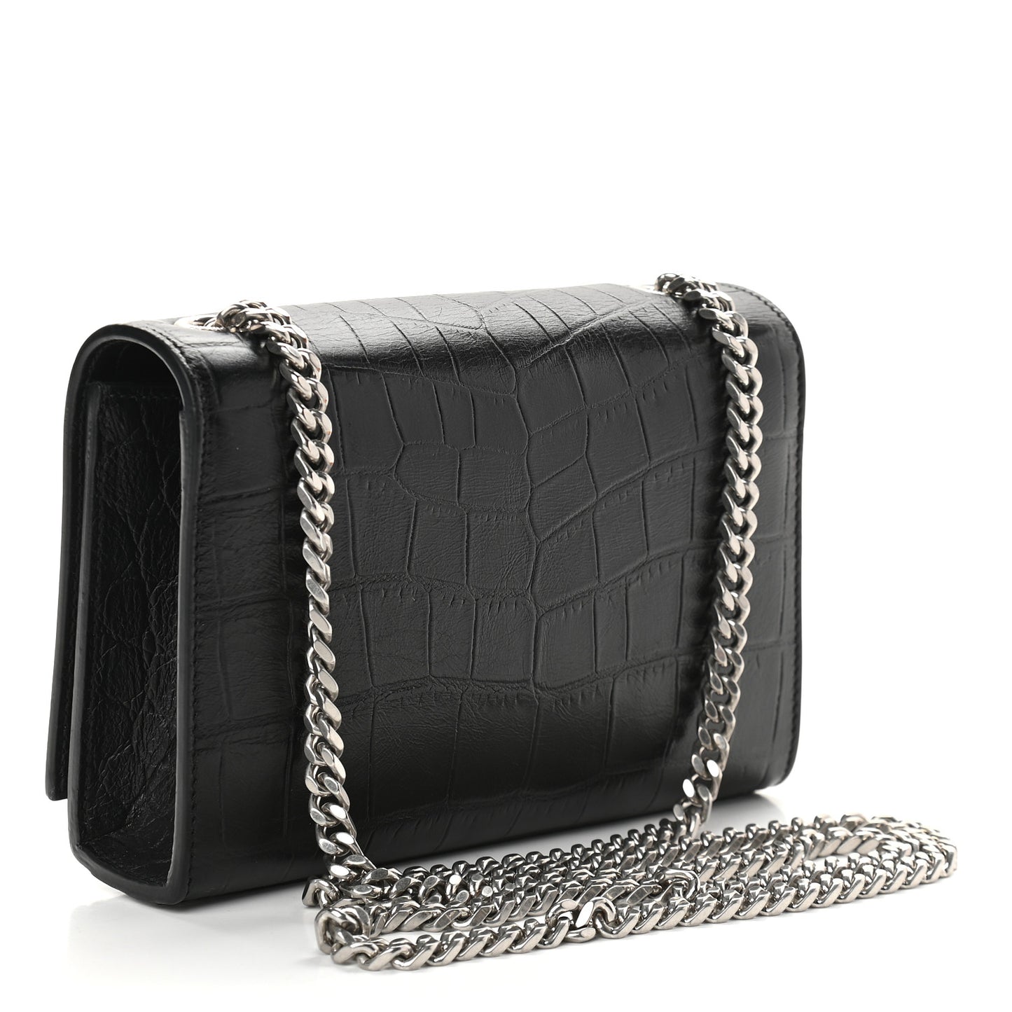 Calfskin Crocodile Embossed Small Classic Monogram Kate Tassel Satchel Black