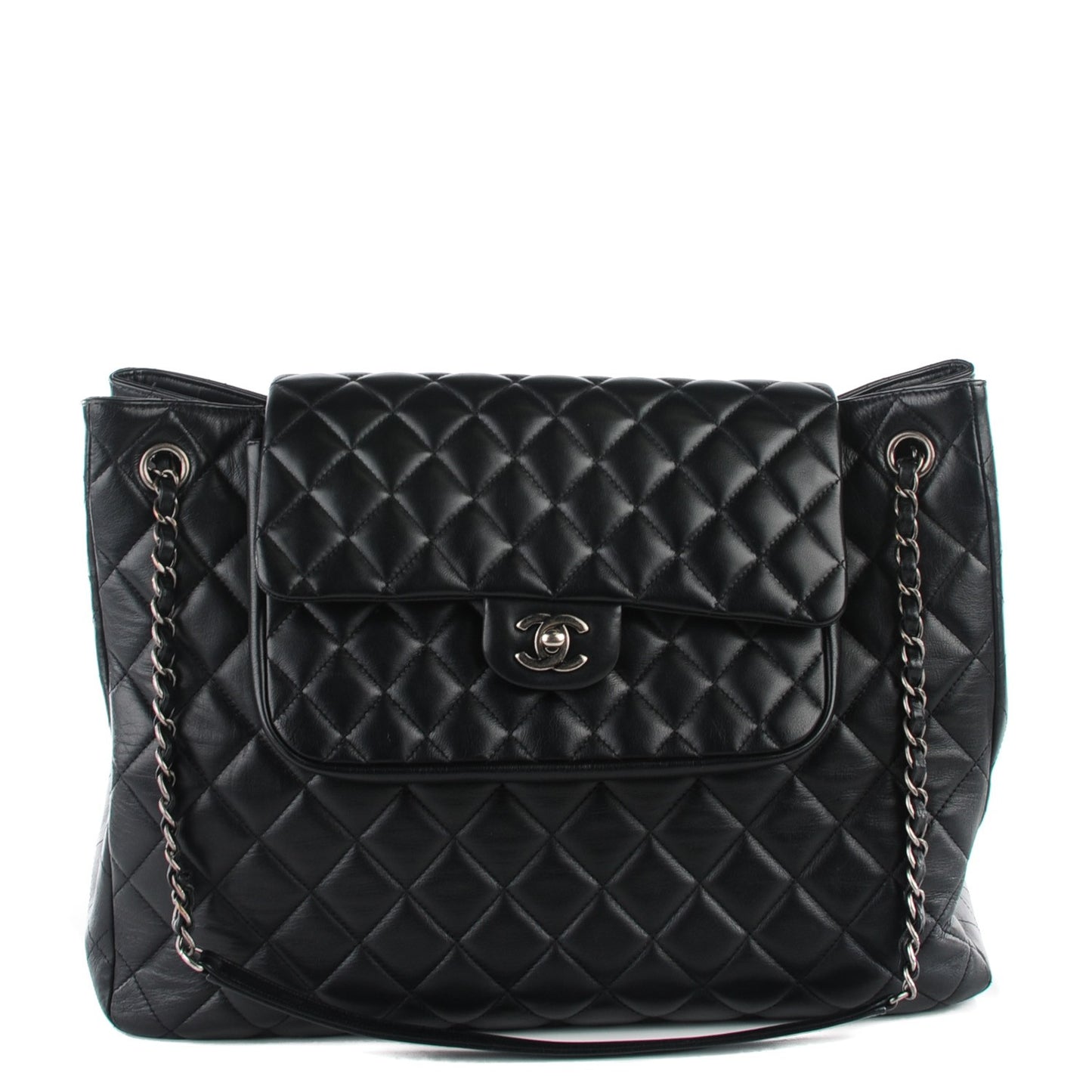 Calfskin Quilted Flap Tote Black