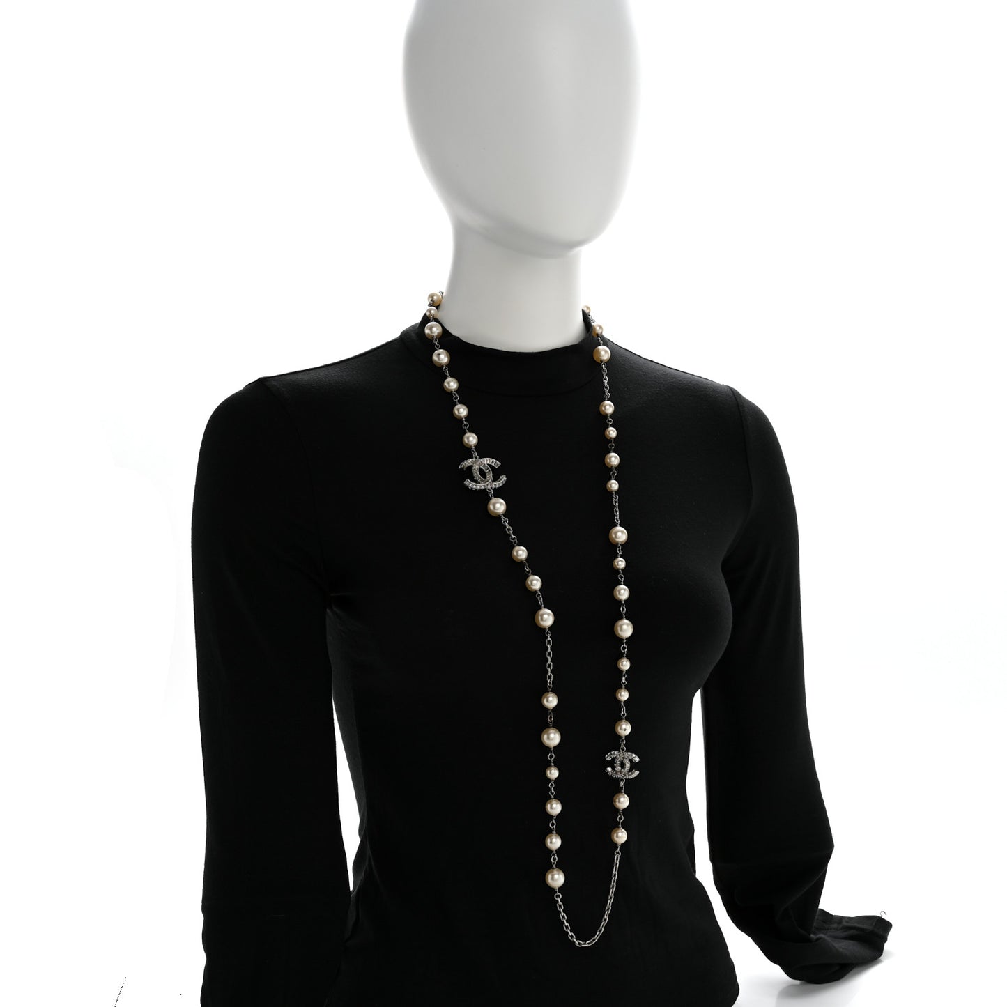 Pearl Baguette Crystal CC Long Necklace Silver