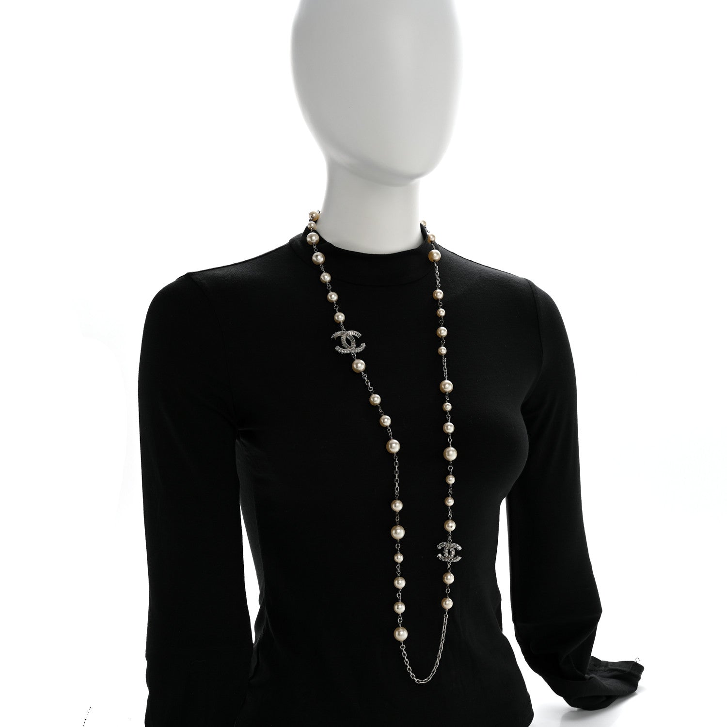 Chanel Pearl Baguette Crystal CC Long Necklace Silver 2 of 6