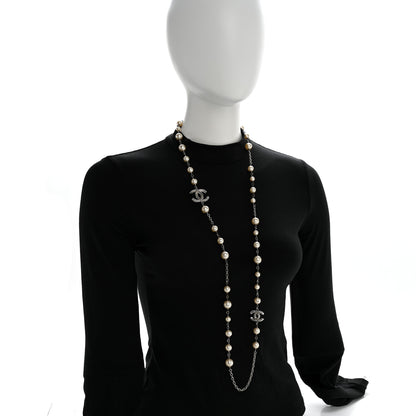 Chanel Pearl Baguette Crystal CC Long Necklace Silver 2 of 6