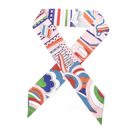 Hermes Silk Faubourg Rainbow Twilly Rose Pale Rouge Vert 1 of 4