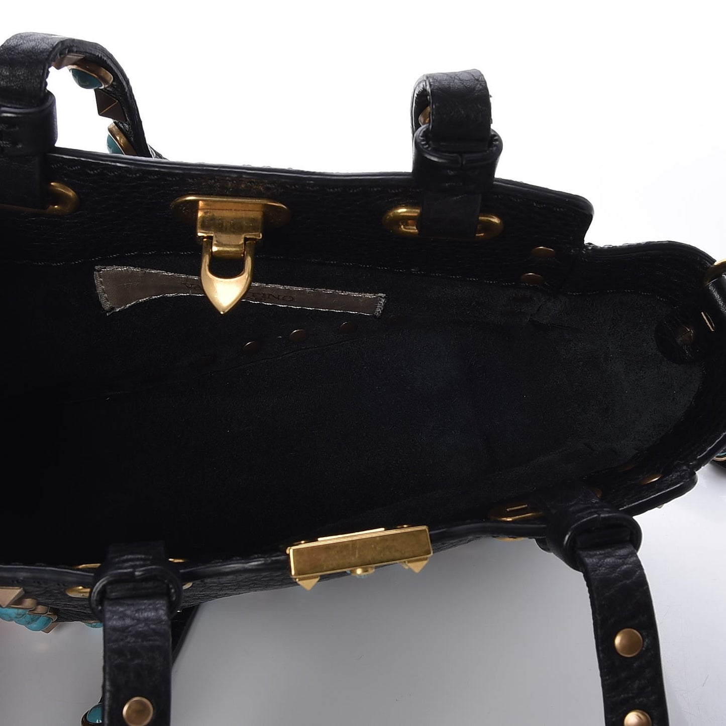 Grained Calfskin Turquoise Micro Rockstud Rolling Tote Black