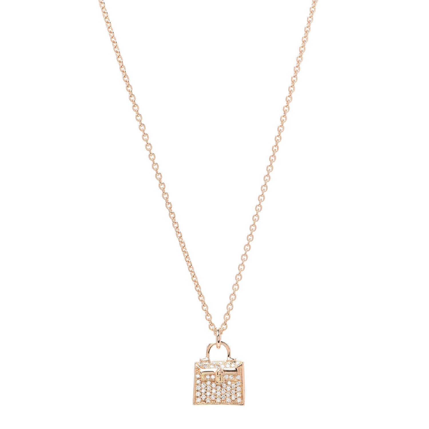 Hermes 18K Rose Gold Diamond Kelly Amulette Pendant Necklace 1 of 6