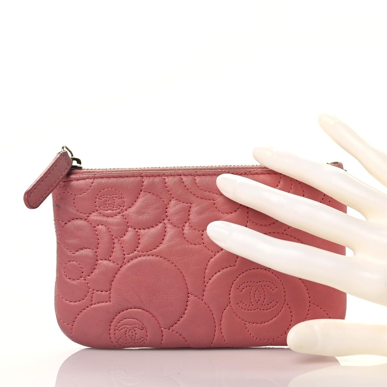 Lambskin Camellia Embossed Cosmetic Pouch Pink