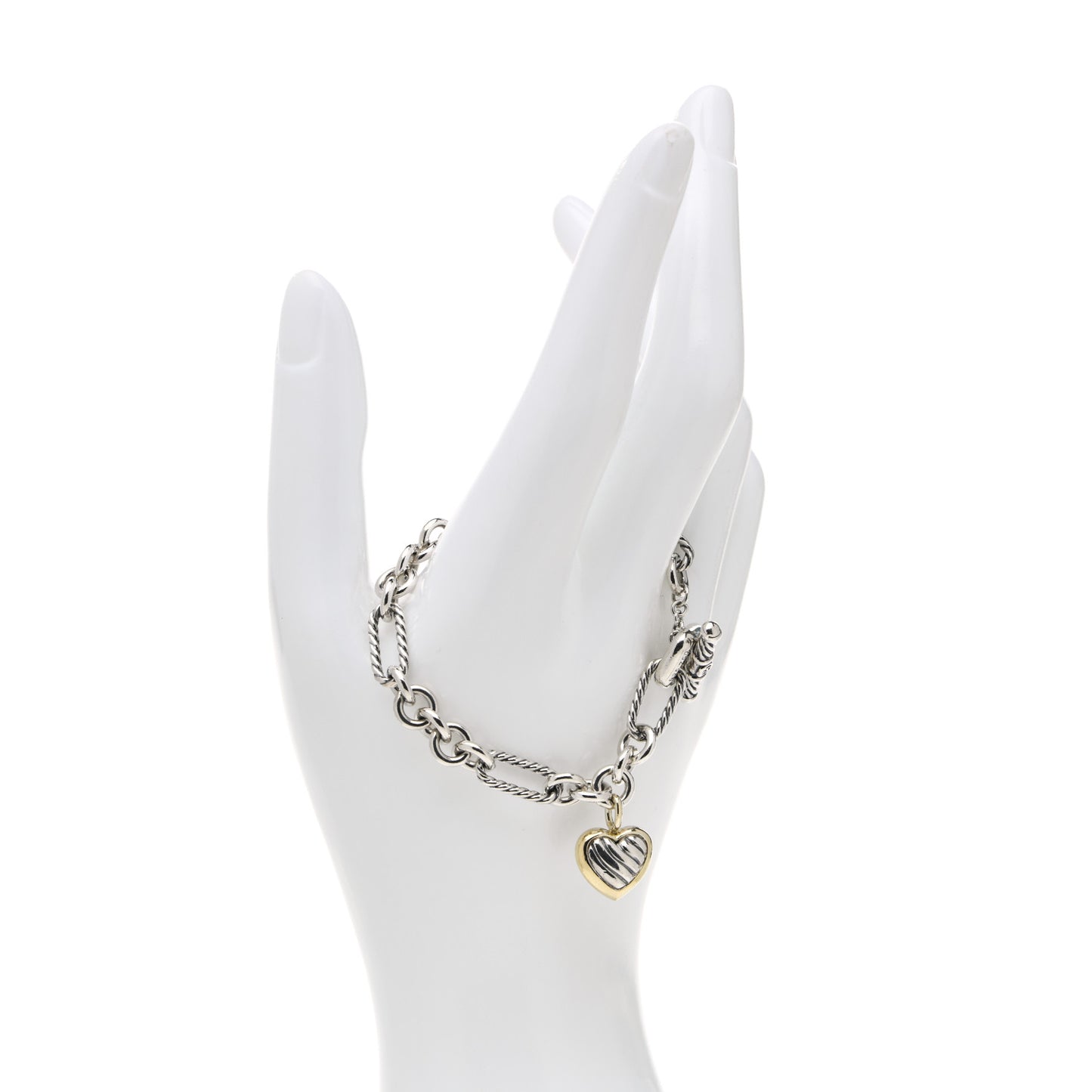 Sterling Silver 18K Yellow Gold Cable Heart Charm Bracelet