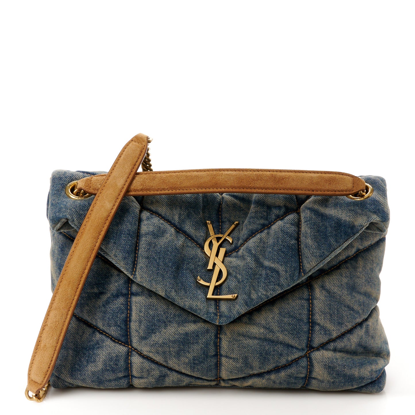 Denim Quilted Small Loulou Puffer Monogram Chain Satchel Blue Cinnamon