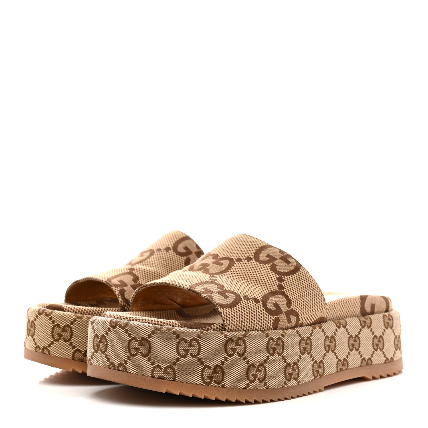 Gucci Monogram Maxi GG Angelina Platform 55mm Slide Sandals 38 Camel Ebony 4 of 9