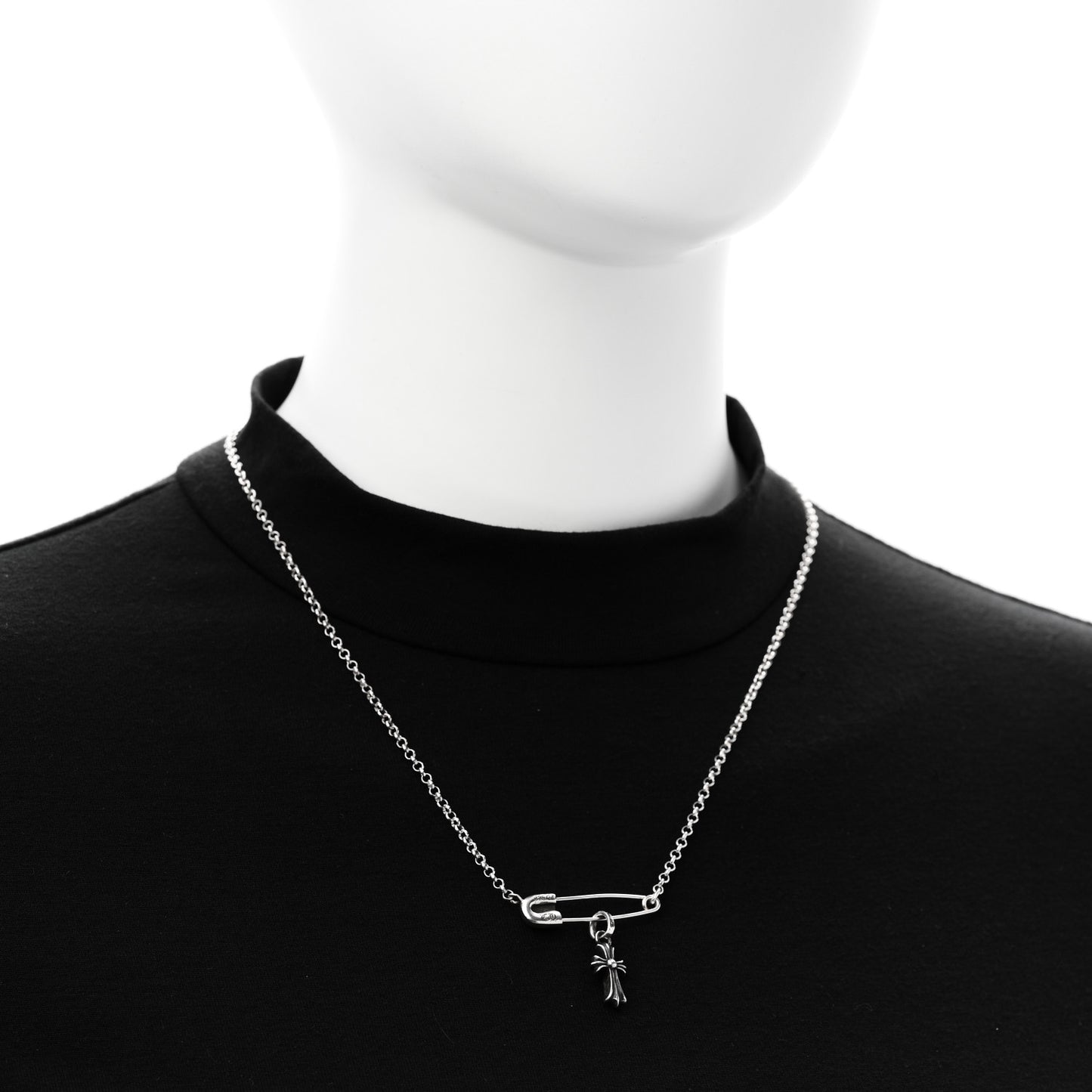 Sterling Silver Safety Pin Baby Fat Cross Pendant Necklace