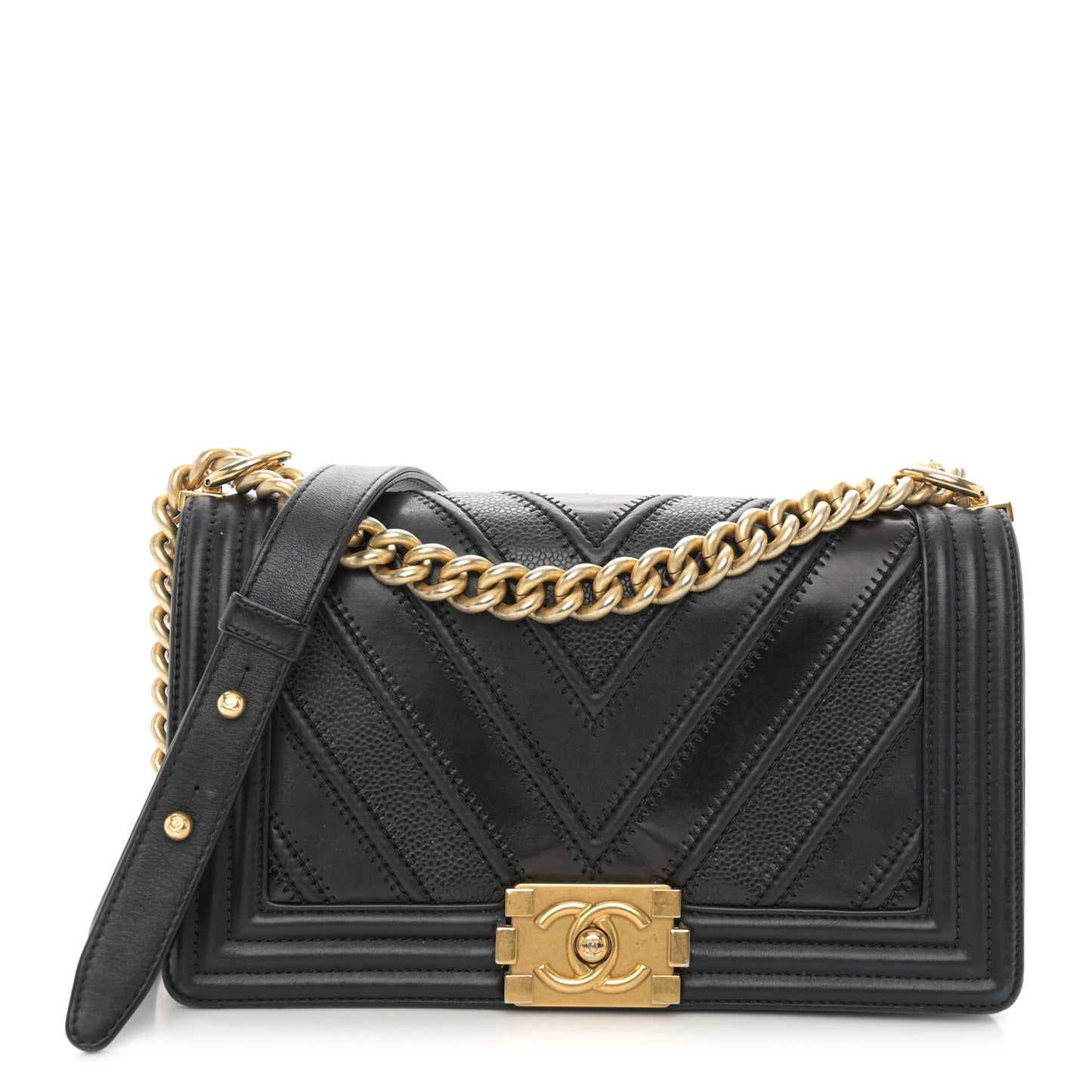 Caviar Suede Calfskin Chevron Medium Boy Flap Black