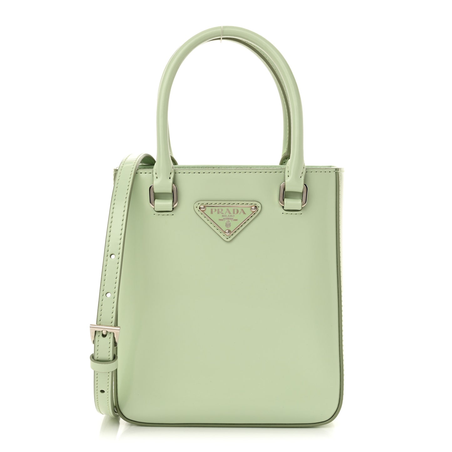 Spazzolato Metal Triangle Logo Small Double Handle Crossbody Tote Acqua