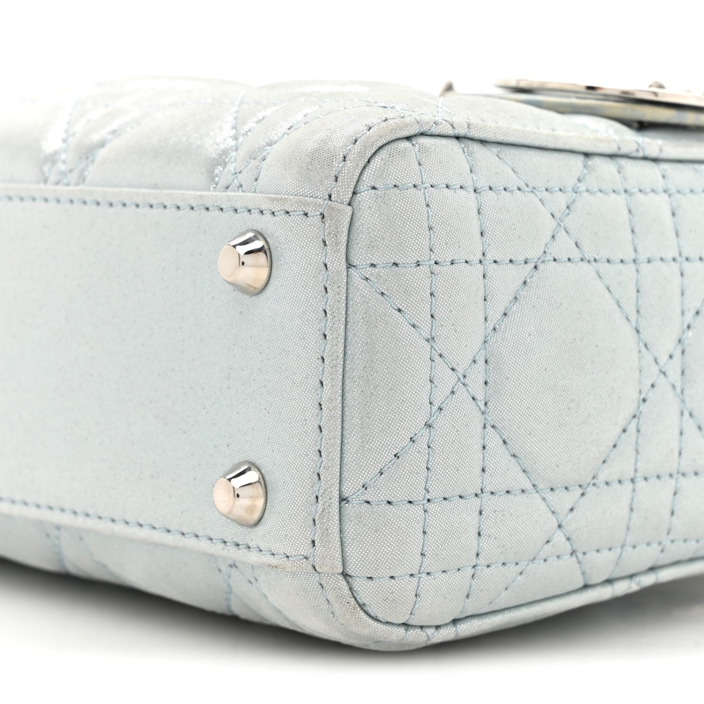 Metallic Lambskin Cannage Mini Lady Dior Light Blue